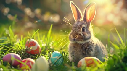 Fototapeta na wymiar Easter rabbit with easter eggs on grass.