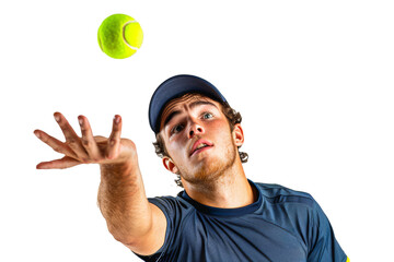 Focused Tennis Player Tossing Ball Before Serve on White Background