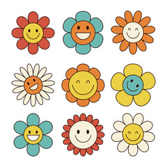Colorful smiling daisy chamomile flower icon set. Groovy retro icon set. 60s, 70s hippie psychedelic style. Trendy graphic print. Sunny template. Flat design. Isolated. White background.