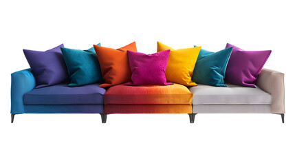  A set of vibrant, solid color cushions adorning a sleek contemporary gray sectional, Transparent background