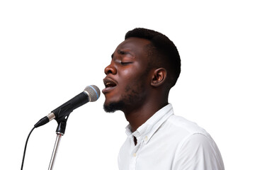 Passionate Male Singer Performing with Microphone on White Background - obrazy, fototapety, plakaty