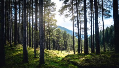 Silent Forest in spring with beautiful bright sun rays sun,