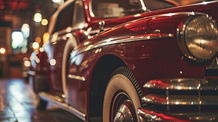 Vintage Red Rustic Car with Chrome Details Parked Indoors, Illuminated by Warm Ambient Lighting - obrazy, fototapety, plakaty