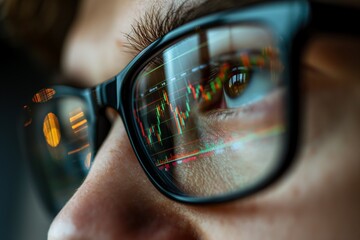 Closeup of an eye with glasses reflecting stock market charts focused analysis of financial data