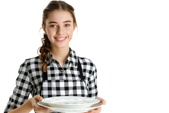 Smiling Waitress Holding Empty Plates on White Background