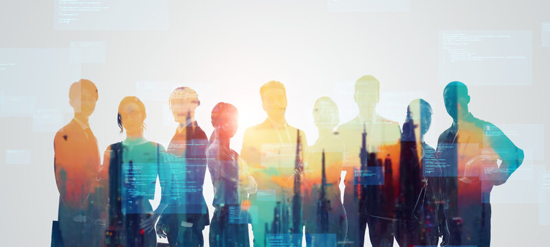 Mixed media of group of multinational people and digital technology concept. System engineering. Research and development. Wide angle visual for banners or advertisements.