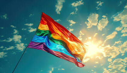 A solitary rainbow pride flag waves boldly against a sun-drenched sky. 