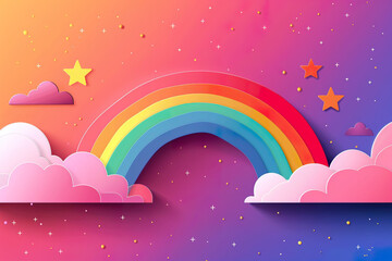 A vibrant illustration of a colorful rainbow arcing across a gradient sky, adorned with playful stars and fluffy clouds. 