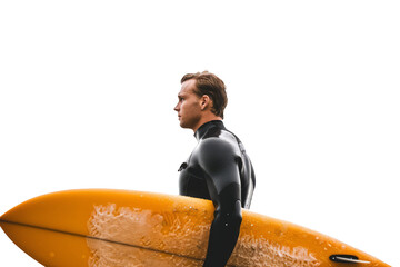 Serious Surfer in Wetsuit Holding Board - Determined Surfer on White Background