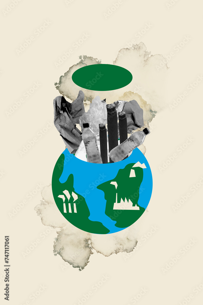 Canvas Prints Creative vertical collage banner earth planet pollution plastic bottle garbage danger ecology catastrophe risk drawing background