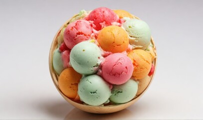Tasty tutti frutti ice-cream single round ball top view on a white background