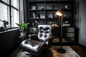 Urban Industrial Black Leather Armchair with Metallic Accents Home Office Design
