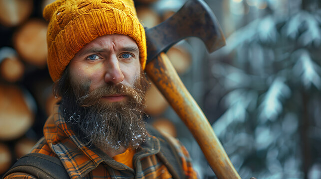 Serious Lumberjack with Frosted Beard, Winter Forestry Work