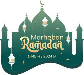 Logo Ramadan Kareem, Ramadan Mubarak, Marhaban Ya Ramadan 2024 with Islamic lanterns, crescent moon and stars suitable for invitations or greetings template in vector illustration design.