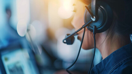 A customer service representative wearing a headset and providing assistance to a customer over the phone exemplifying professionalism clarity and patience in resolving inquiries and delivering - obrazy, fototapety, plakaty