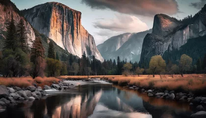 Velours gordijnen Half Dome Yosemite Valley Landscape and River, California