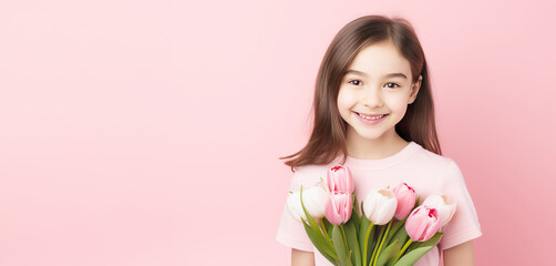 A Child Girl hold pink tulip bouque to give to mom on mother's day against pink background