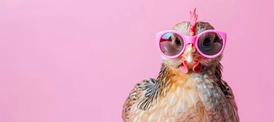 Tuinposter Fashionable chicken with sunglasses on pastel background, ideal for text placement. © Ilja