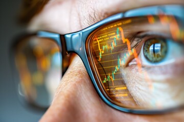 Closeup of an eye with glasses reflecting stock market charts focused analysis of financial data