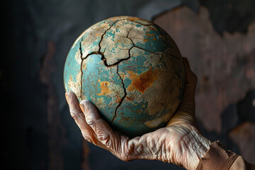 A weathered globe held in a wrinkled hand with cracks representing geopolitical fractures and fault lines
