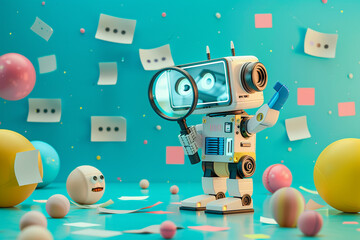 A whimsical illustration of a friendly robot analyzing customer reviews with a magnifying glass highlighting the use of AI in understanding customer sentiment and optimizing marketing campaigns - obrazy, fototapety, plakaty