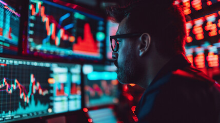 Busy trading floor stock market screens displaying falling graphs concerned traders and financial analysts symbolizing recession dimly lit room with red and green indicators Photography