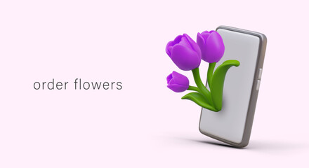 Advertisement of flower delivery service application. Realistic smartphone, purple tulips