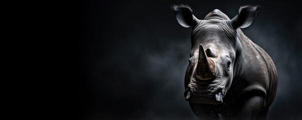 African huge rhino on black background - obrazy, fototapety, plakaty