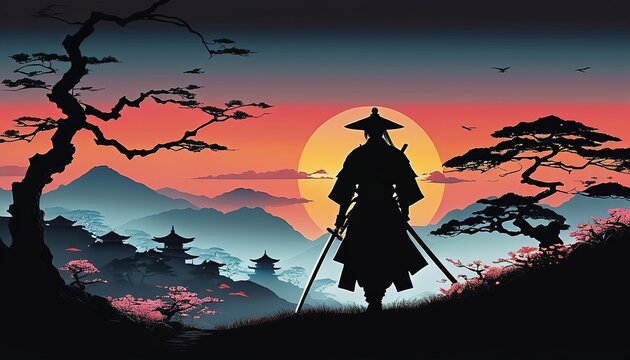 High Contrast Minimalist Art: Samurai and Sunset
