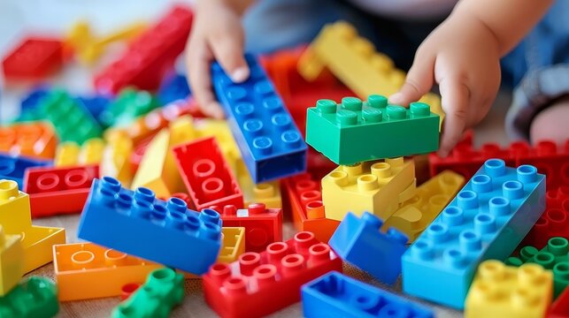 Vibrant close up of boy playing with colorful plastic constructor blocks in high definition