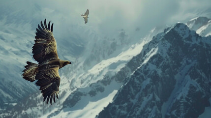 Majestic shot of an eagle soaring high above a breathtaking snowy mountain landscape symbolizing freedom strength and the beauty of the natural world - obrazy, fototapety, plakaty