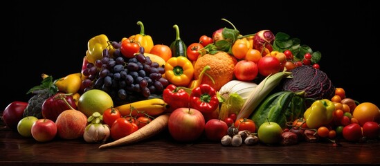 A variety of vibrant and ripe fruits and vegetables are neatly stacked in a pile on a table with a blank backdrop. The assortment includes apples, bananas, oranges, tomatoes, cucumbers, and more.