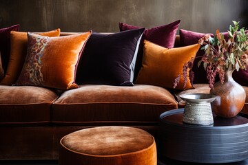 Terracotta Pillow Accents: Velvet Furniture Living Room Ideas to Elevate Your Space - obrazy, fototapety, plakaty
