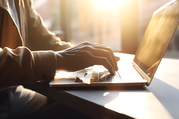 A scene where an employee is working on a laptop on a clear day, surrounded by a palette of light bronze and yellow colors. The employee is outdoors, utilizing natural light. - obrazy, fototapety, plakaty