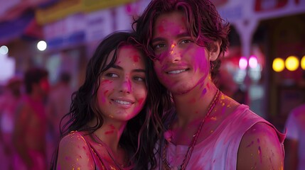 Obraz na płótnie Canvas Joyful Couple Celebrating Holi Festival with Colorful Powder Splashes 