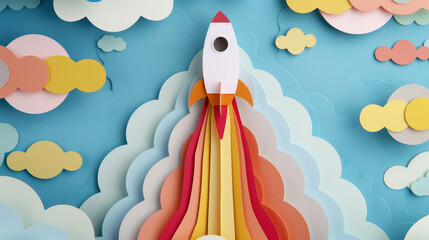 Papercut rocket launching skyward symbolizing explosive business growth layers revealing progress