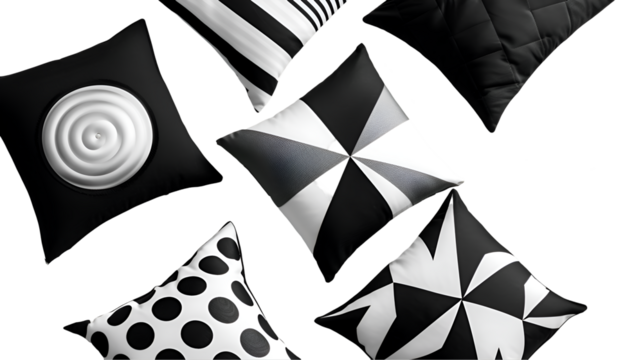  A top-down view of a collection of monochrome cushions, each featuring a distinct geometric motif arranged, Transparent background