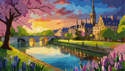 France landscape with castle and river - obrazy, fototapety, plakaty
