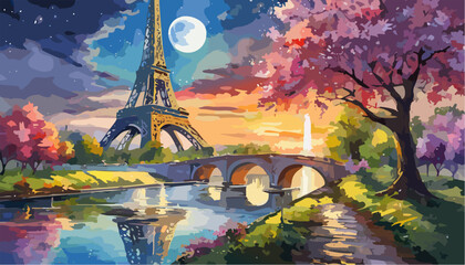Beautiful painting landscape with Eiffel Tower's and bridge  - obrazy, fototapety, plakaty