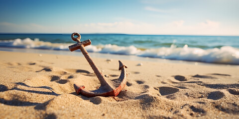 Anchor on the sandy beach - obrazy, fototapety, plakaty