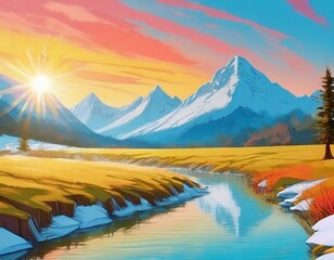 Fototapeta na wymiar Painting style illustration, beautiful nature landscape panorama view of winter snow mountai