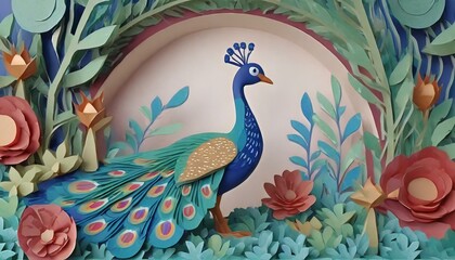 Paper craft style illustration of peacock in garden with flower and tree