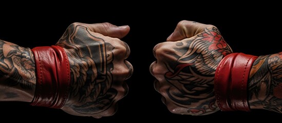 A close-up of a pair of hands with intricate tattoos wrapping knuckles, showcasing the traditional technique used in Muay Thai kickboxing. The tattoos add a unique visual element to the process.
