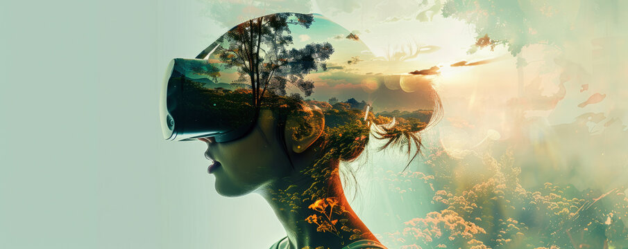 VR headset gateway to a digital utopia, double exposure highlighting the blend of human consciousness with technology