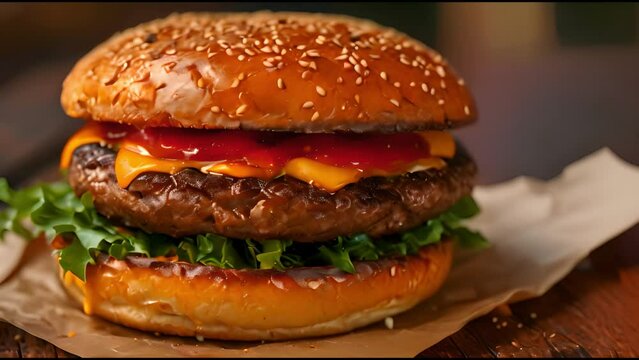 double cheeseburger with lettuce, tomato, onion, and melted american cheese with panoramic composition Copy space. Delicious fresh Fast food meat burger close up 4k video