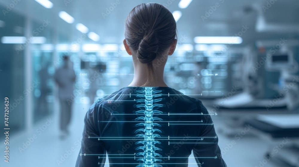 Aufkleber woman using 3d rendering holographic scan of human intestine on blurred background with copy space