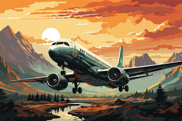 Airplane in 2D vector illustration - obrazy, fototapety, plakaty