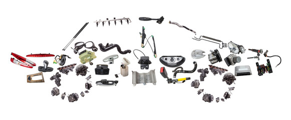 A passenger car assembled from new auto parts for an aftermarket store. Isolated on a white background.