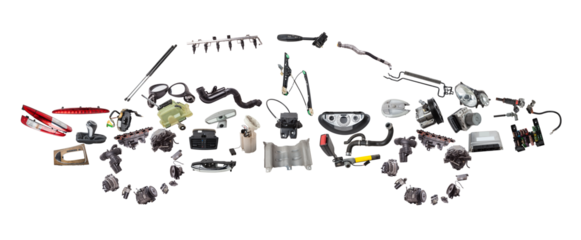 A passenger car assembled from new auto parts for an aftermarket store. Isolated on a white background.