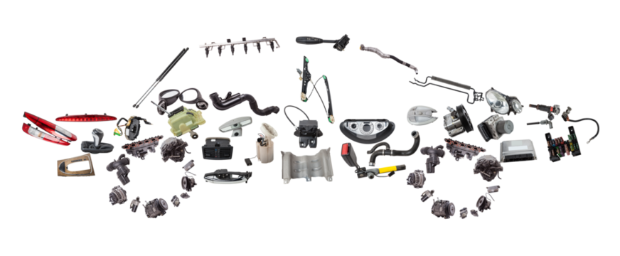 A passenger car assembled from new auto parts for an aftermarket store. Isolated on a white background.